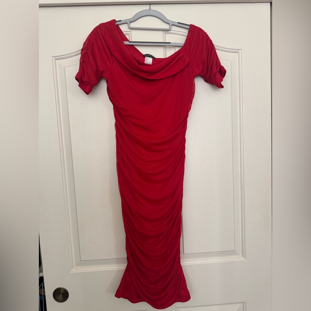 VENUS Red Ruched Midi Dress with Cowl Neck - Picture 2 of 3